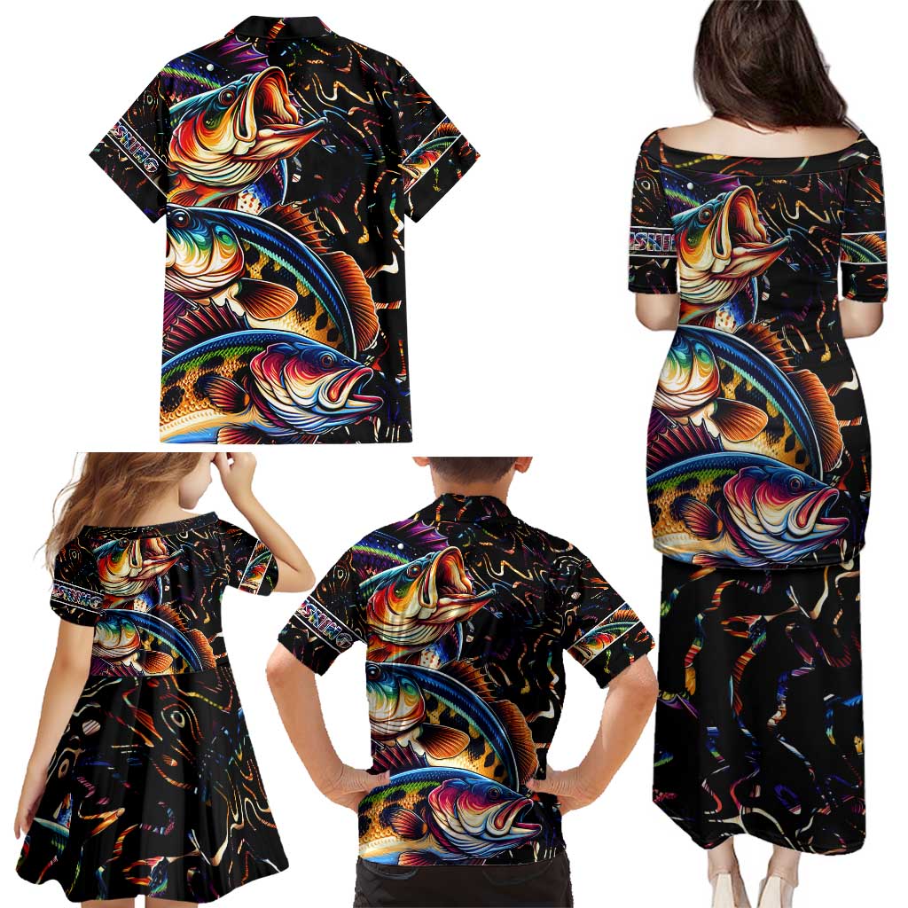 Peacock Bass Fishing Family Matching Puletasi and Hawaiian Shirt Waves Art