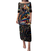 Peacock Bass Fishing Family Matching Puletasi and Hawaiian Shirt Waves Art