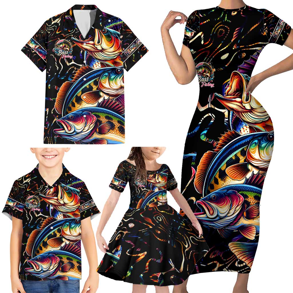 Peacock Bass Fishing Family Matching Short Sleeve Bodycon Dress and Hawaiian Shirt Waves Art