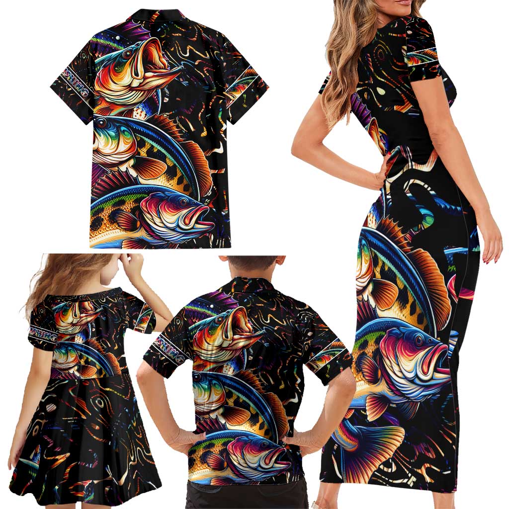 Peacock Bass Fishing Family Matching Short Sleeve Bodycon Dress and Hawaiian Shirt Waves Art