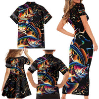 Peacock Bass Fishing Family Matching Short Sleeve Bodycon Dress and Hawaiian Shirt Waves Art