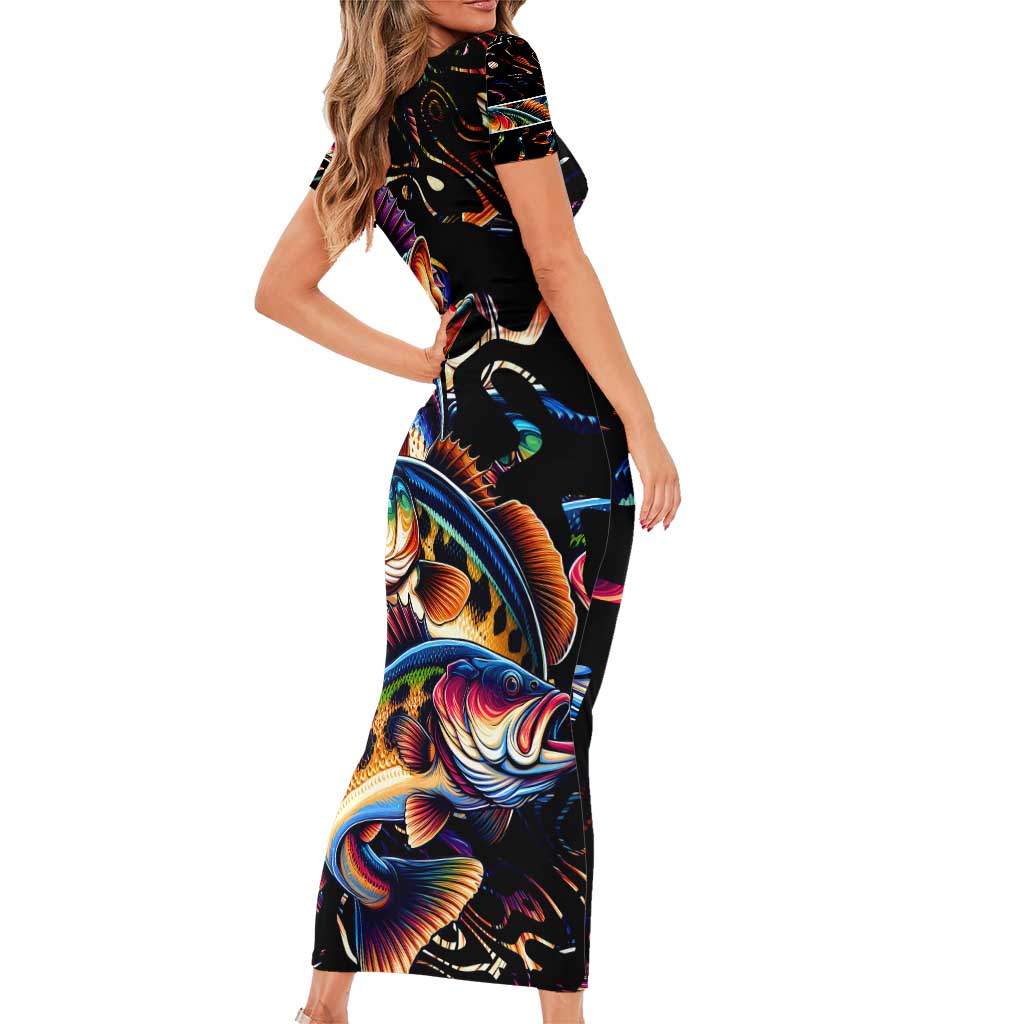 Peacock Bass Fishing Family Matching Short Sleeve Bodycon Dress and Hawaiian Shirt Waves Art