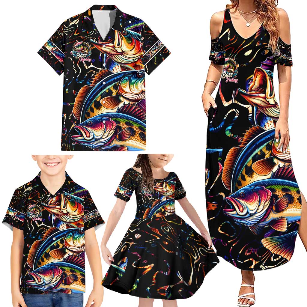 Peacock Bass Fishing Family Matching Summer Maxi Dress and Hawaiian Shirt Waves Art