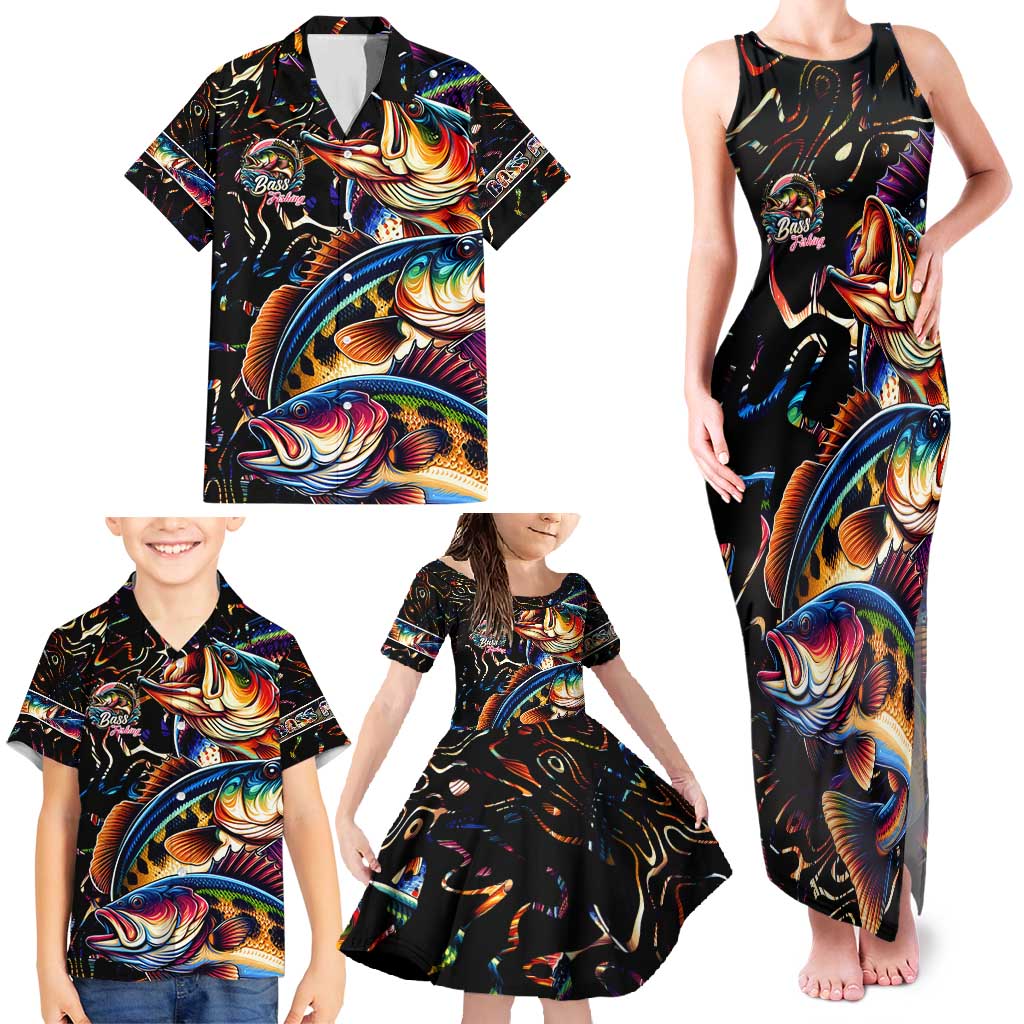 Peacock Bass Fishing Family Matching Tank Maxi Dress and Hawaiian Shirt Waves Art