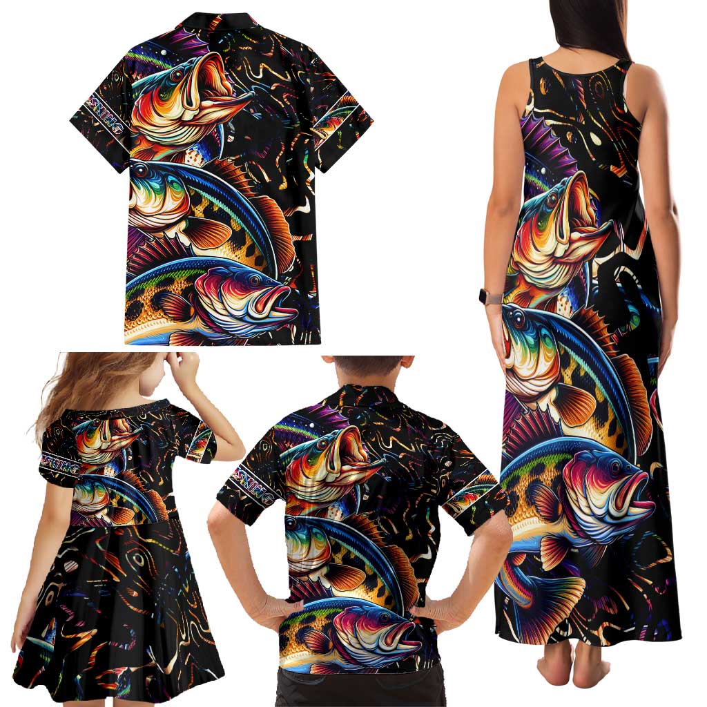 Peacock Bass Fishing Family Matching Tank Maxi Dress and Hawaiian Shirt Waves Art
