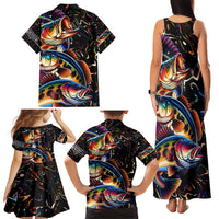 Peacock Bass Fishing Family Matching Tank Maxi Dress and Hawaiian Shirt Waves Art