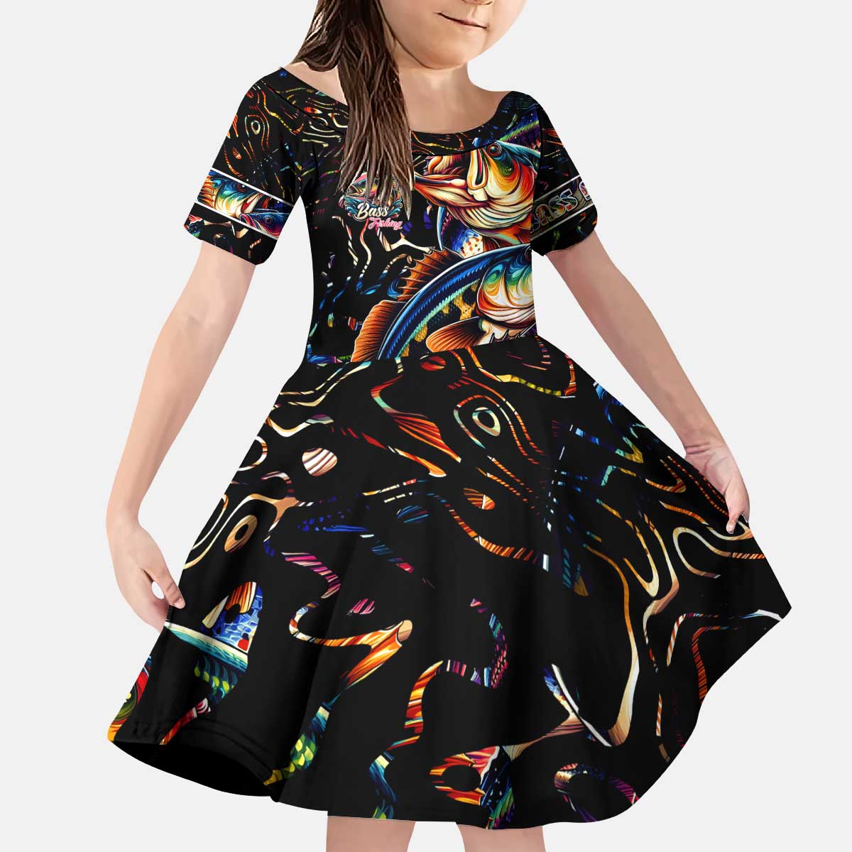 Peacock Bass Fishing Kid Short Sleeve Dress Waves Art