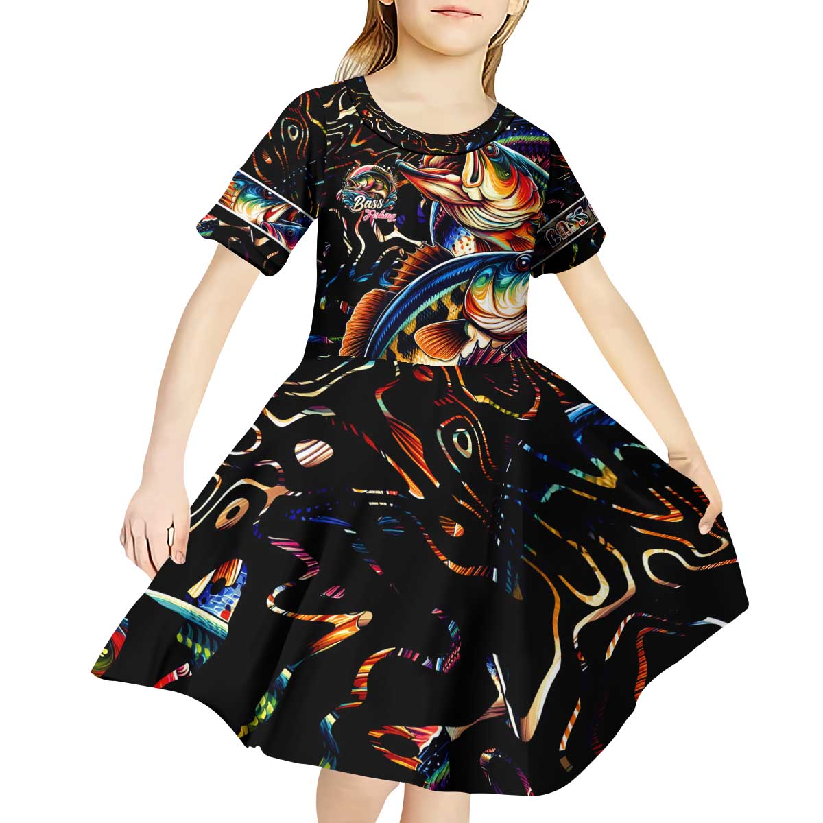 Peacock Bass Fishing Kid Short Sleeve Dress Waves Art
