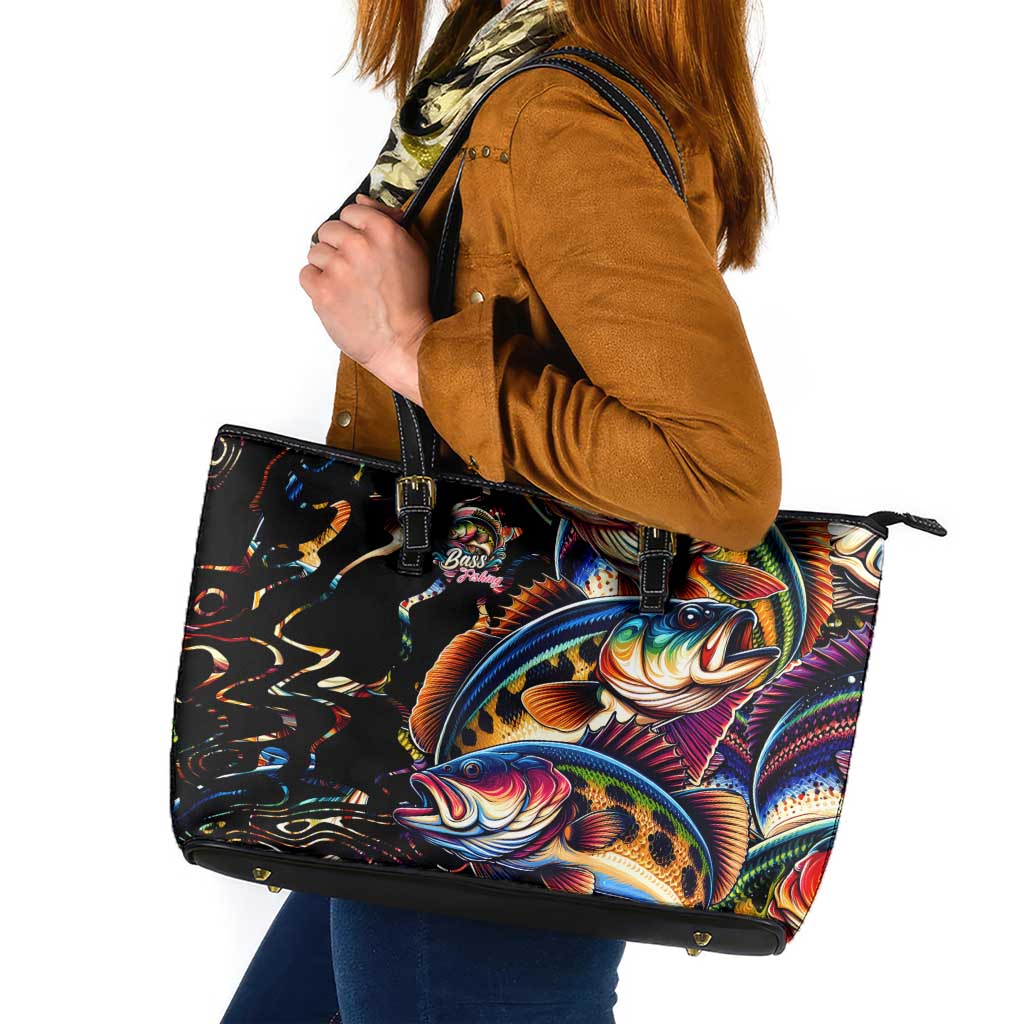 Peacock Bass Fishing Leather Tote Bag Waves Art