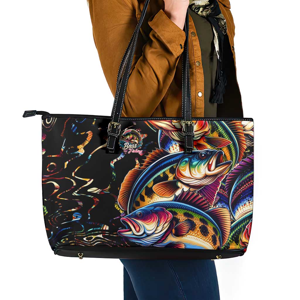 Peacock Bass Fishing Leather Tote Bag Waves Art