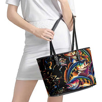 Peacock Bass Fishing Leather Tote Bag Waves Art