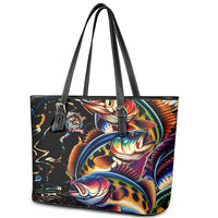 Peacock Bass Fishing Leather Tote Bag Waves Art