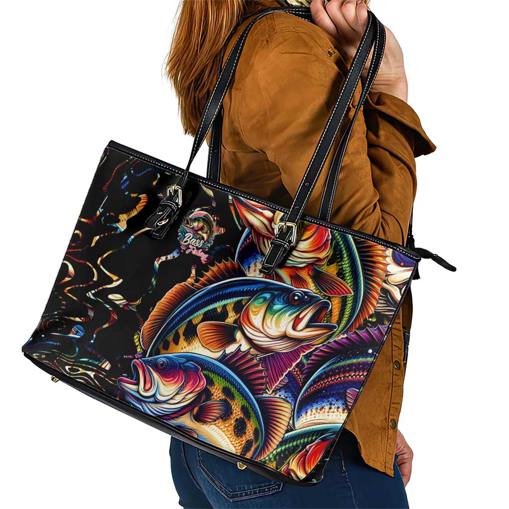 Peacock Bass Fishing Leather Tote Bag Waves Art