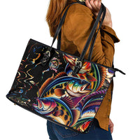 Peacock Bass Fishing Leather Tote Bag Waves Art
