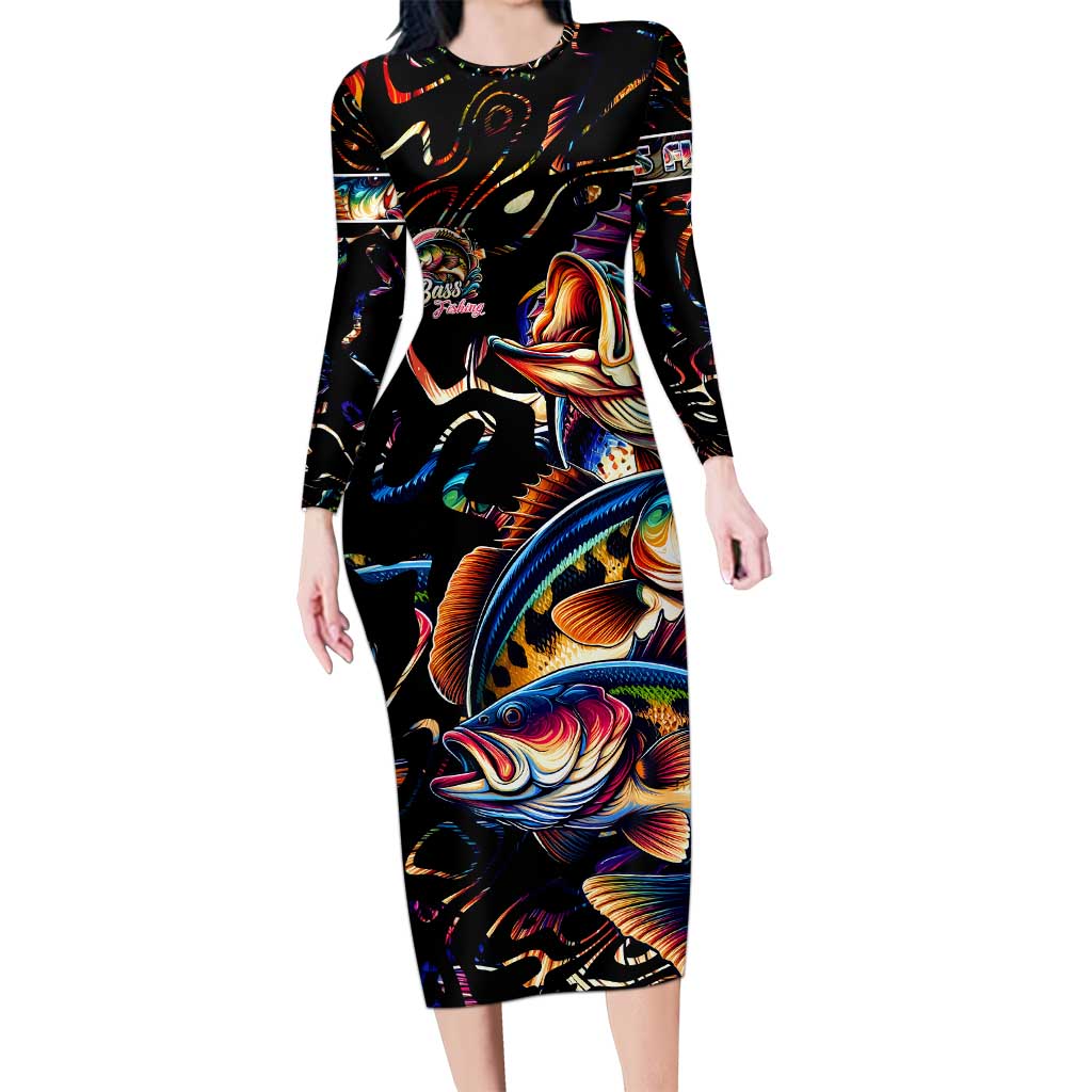 Peacock Bass Fishing Long Sleeve Bodycon Dress Waves Art