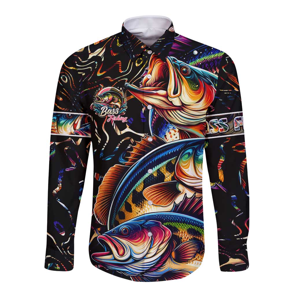 Peacock Bass Fishing Long Sleeve Button Shirt Waves Art