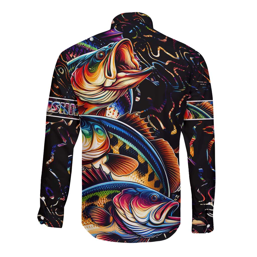 Peacock Bass Fishing Long Sleeve Button Shirt Waves Art