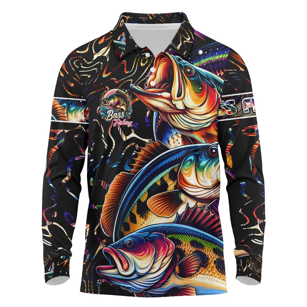 Peacock Bass Fishing Long Sleeve Polo Shirt Waves Art