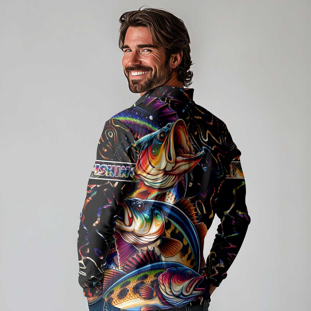 Peacock Bass Fishing Long Sleeve Polo Shirt Waves Art