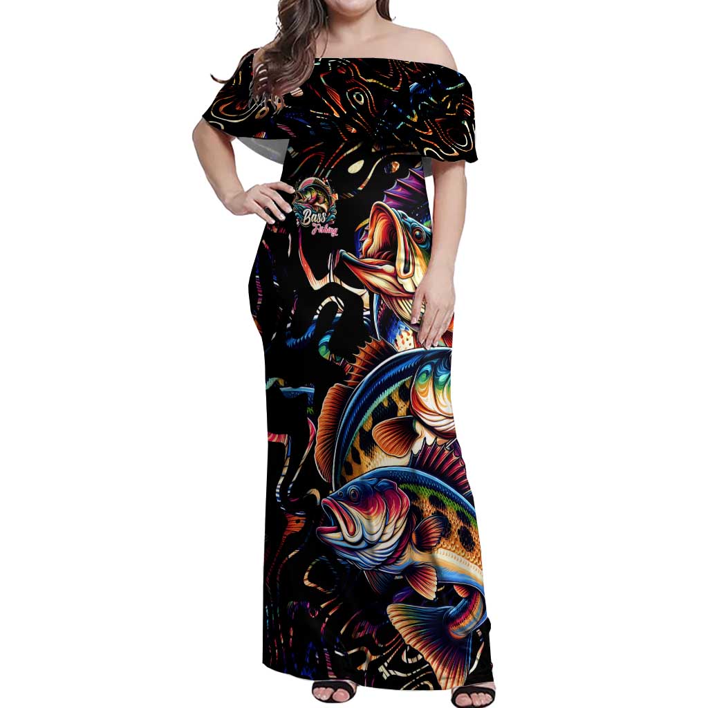 Peacock Bass Fishing Off Shoulder Maxi Dress Waves Art
