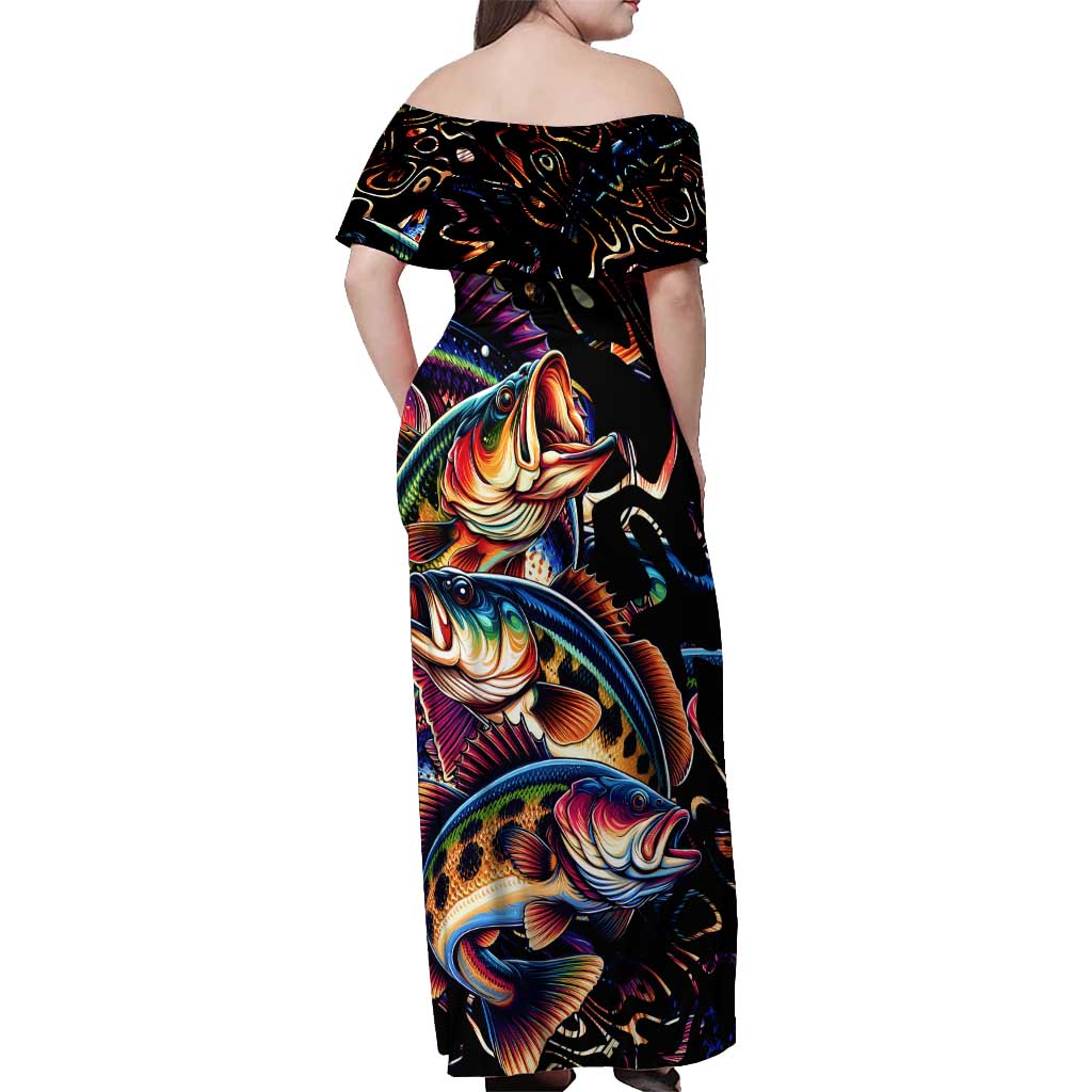 Peacock Bass Fishing Off Shoulder Maxi Dress Waves Art