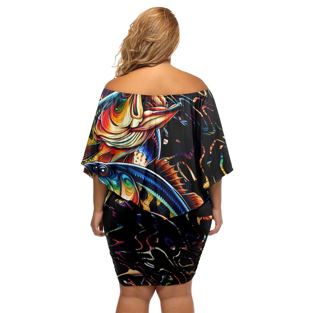 Peacock Bass Fishing Off Shoulder Short Dress Waves Art