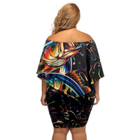 Peacock Bass Fishing Off Shoulder Short Dress Waves Art