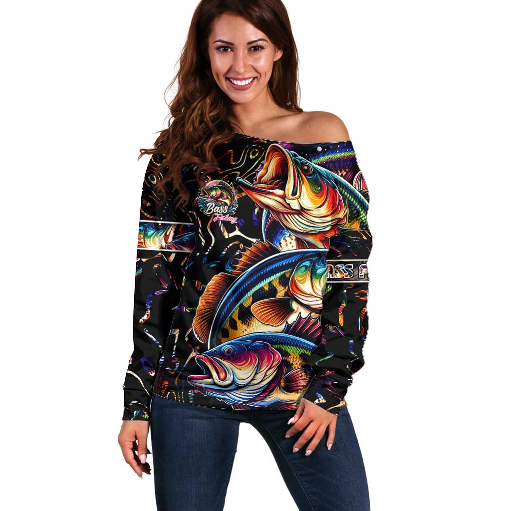 Peacock Bass Fishing Off Shoulder Sweater Waves Art