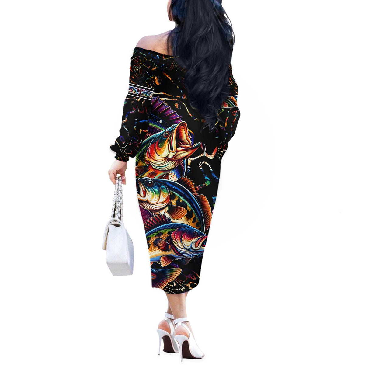 Peacock Bass Fishing Off The Shoulder Long Sleeve Dress Waves Art