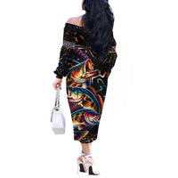 Peacock Bass Fishing Off The Shoulder Long Sleeve Dress Waves Art