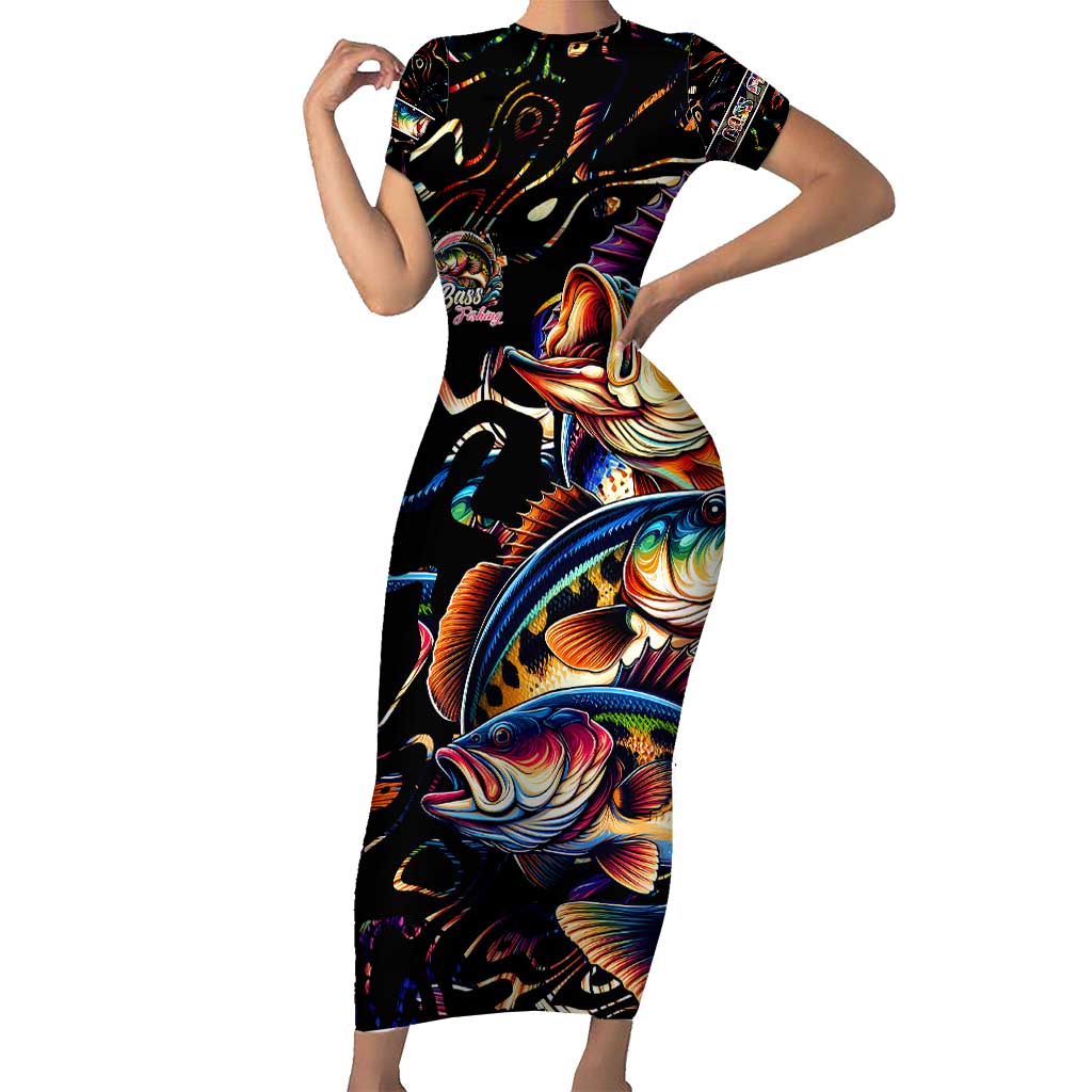 Peacock Bass Fishing Short Sleeve Bodycon Dress Waves Art