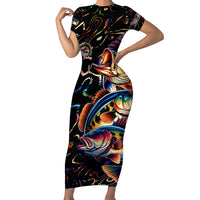 Peacock Bass Fishing Short Sleeve Bodycon Dress Waves Art