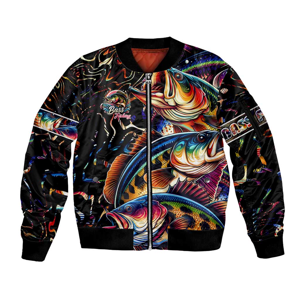 Peacock Bass Fishing Sleeve Zip Bomber Jacket Waves Art
