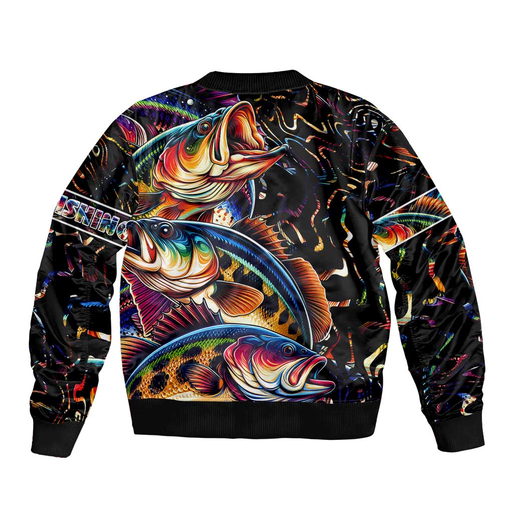 Peacock Bass Fishing Sleeve Zip Bomber Jacket Waves Art