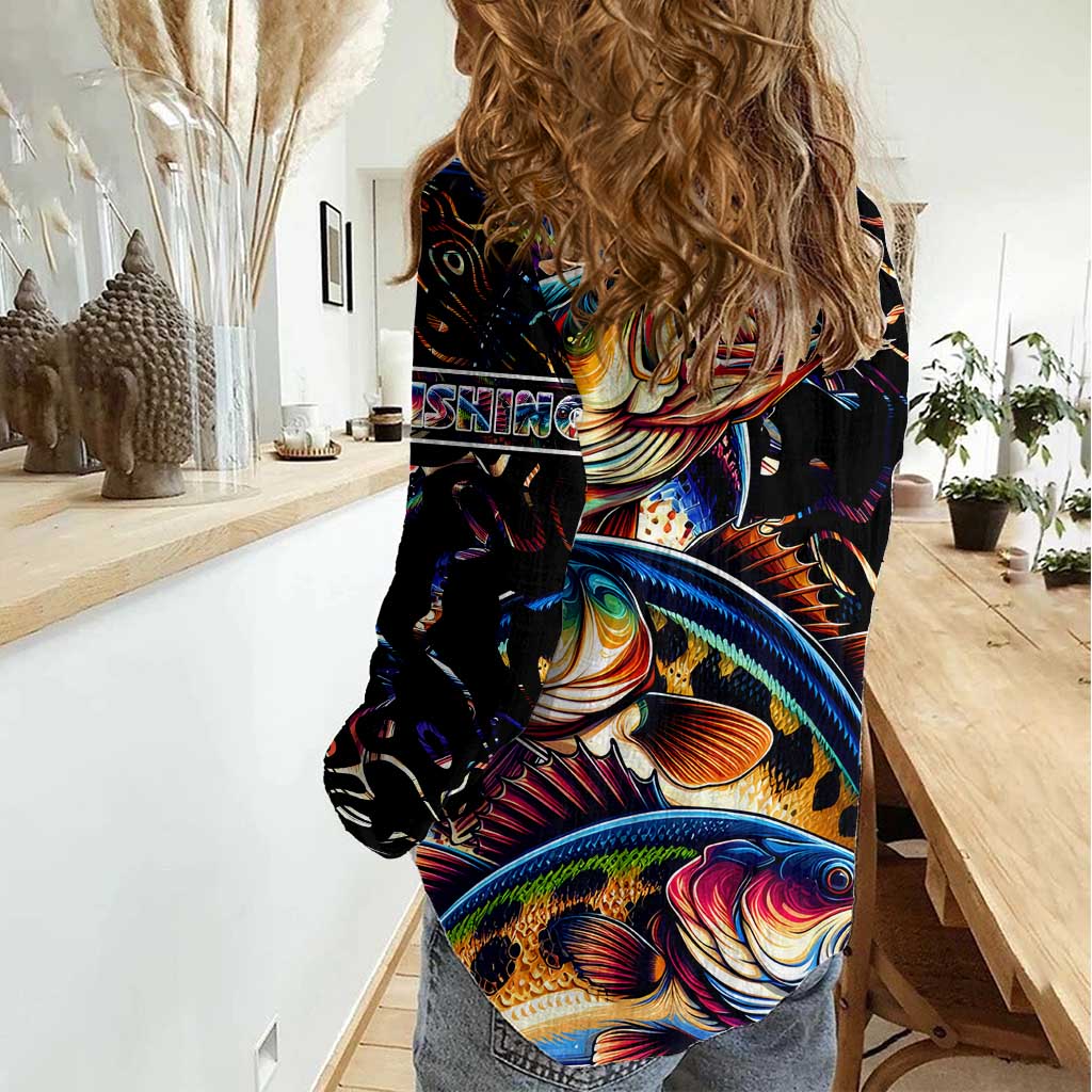 Peacock Bass Fishing Women Casual Shirt Waves Art