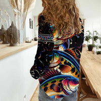 Peacock Bass Fishing Women Casual Shirt Waves Art