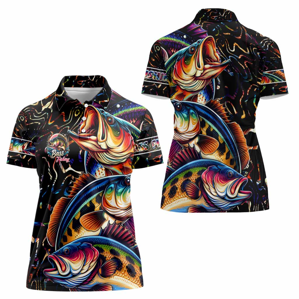 Peacock Bass Fishing Women Polo Shirt Waves Art