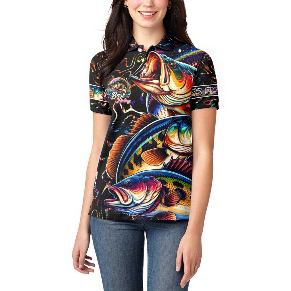 Peacock Bass Fishing Women Polo Shirt Waves Art