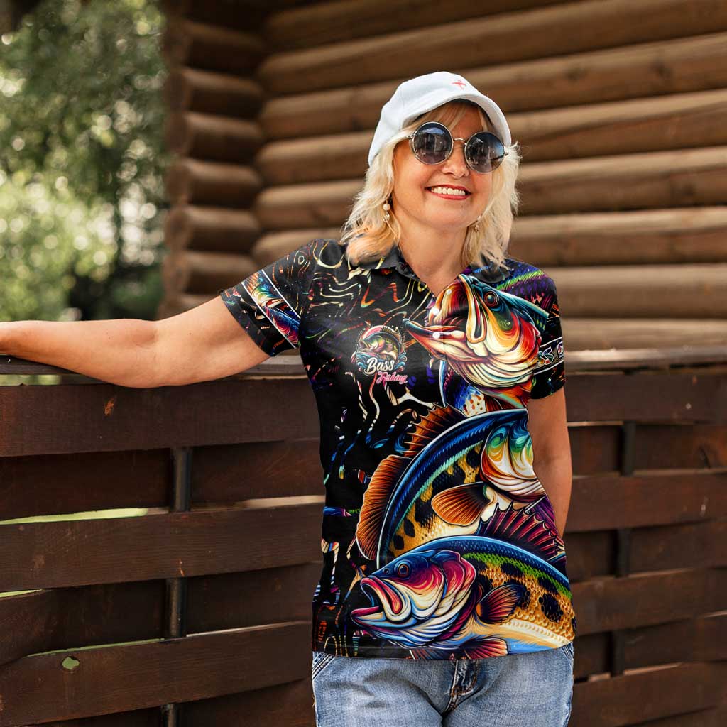 Peacock Bass Fishing Women Polo Shirt Waves Art