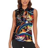 Peacock Bass Fishing Women Sleeveless Polo Shirt Waves Art