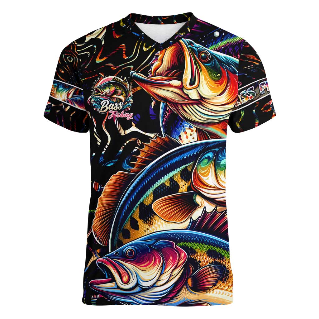Peacock Bass Fishing Women V-Neck T-Shirt Waves Art