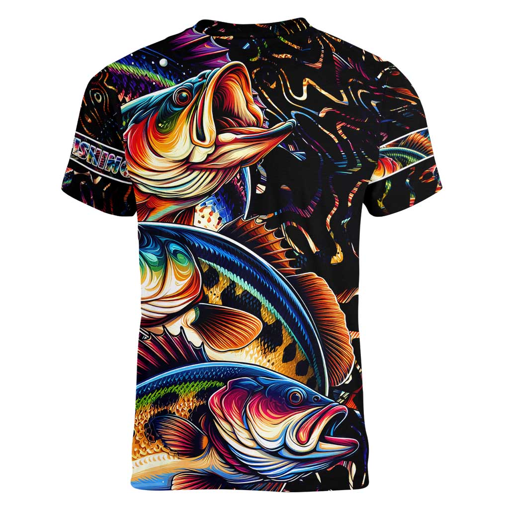 Peacock Bass Fishing Women V-Neck T-Shirt Waves Art