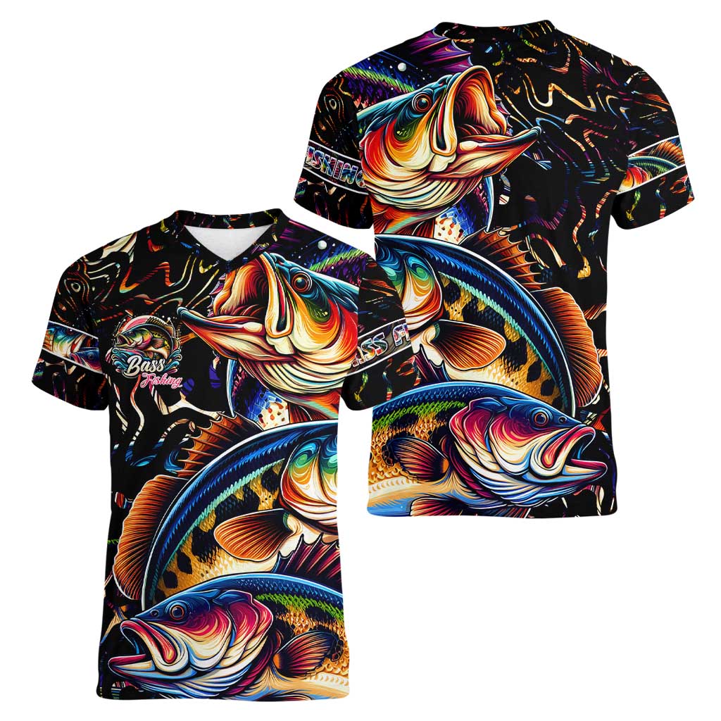 Peacock Bass Fishing Women V-Neck T-Shirt Waves Art