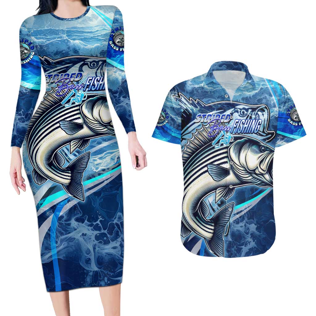 Striped Bass Fishing Couples Matching Long Sleeve Bodycon Dress and Hawaiian Shirt Ocean Waves