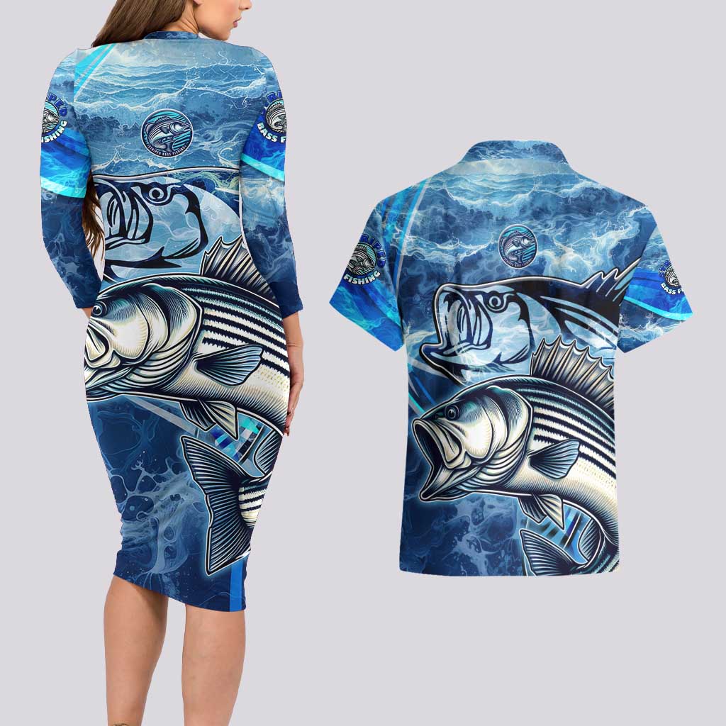 Striped Bass Fishing Couples Matching Long Sleeve Bodycon Dress and Hawaiian Shirt Ocean Waves
