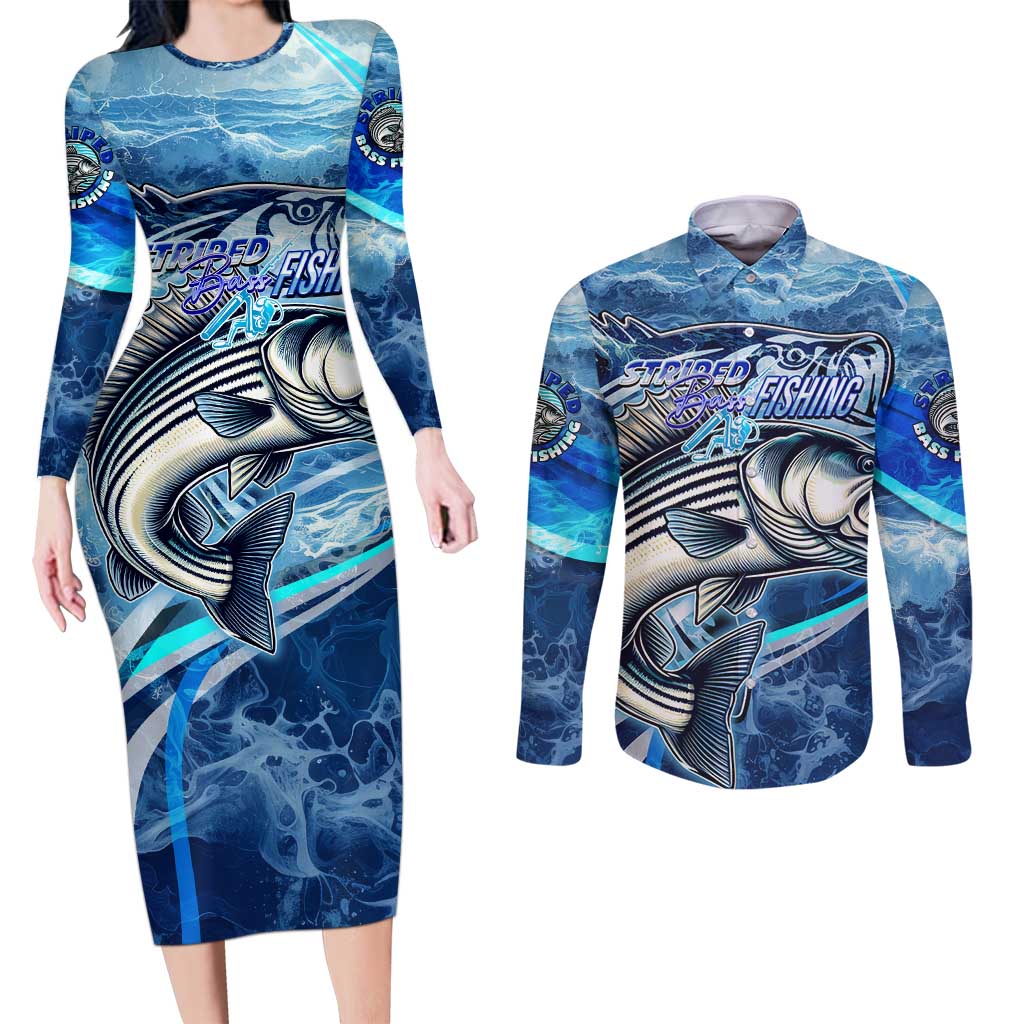 Striped Bass Fishing Couples Matching Long Sleeve Bodycon Dress and Long Sleeve Button Shirt Ocean Waves
