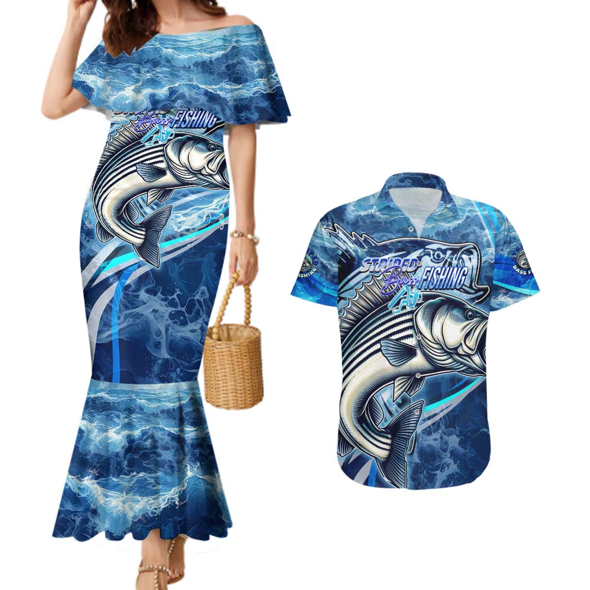Striped Bass Fishing Couples Matching Mermaid Dress and Hawaiian Shirt Ocean Waves