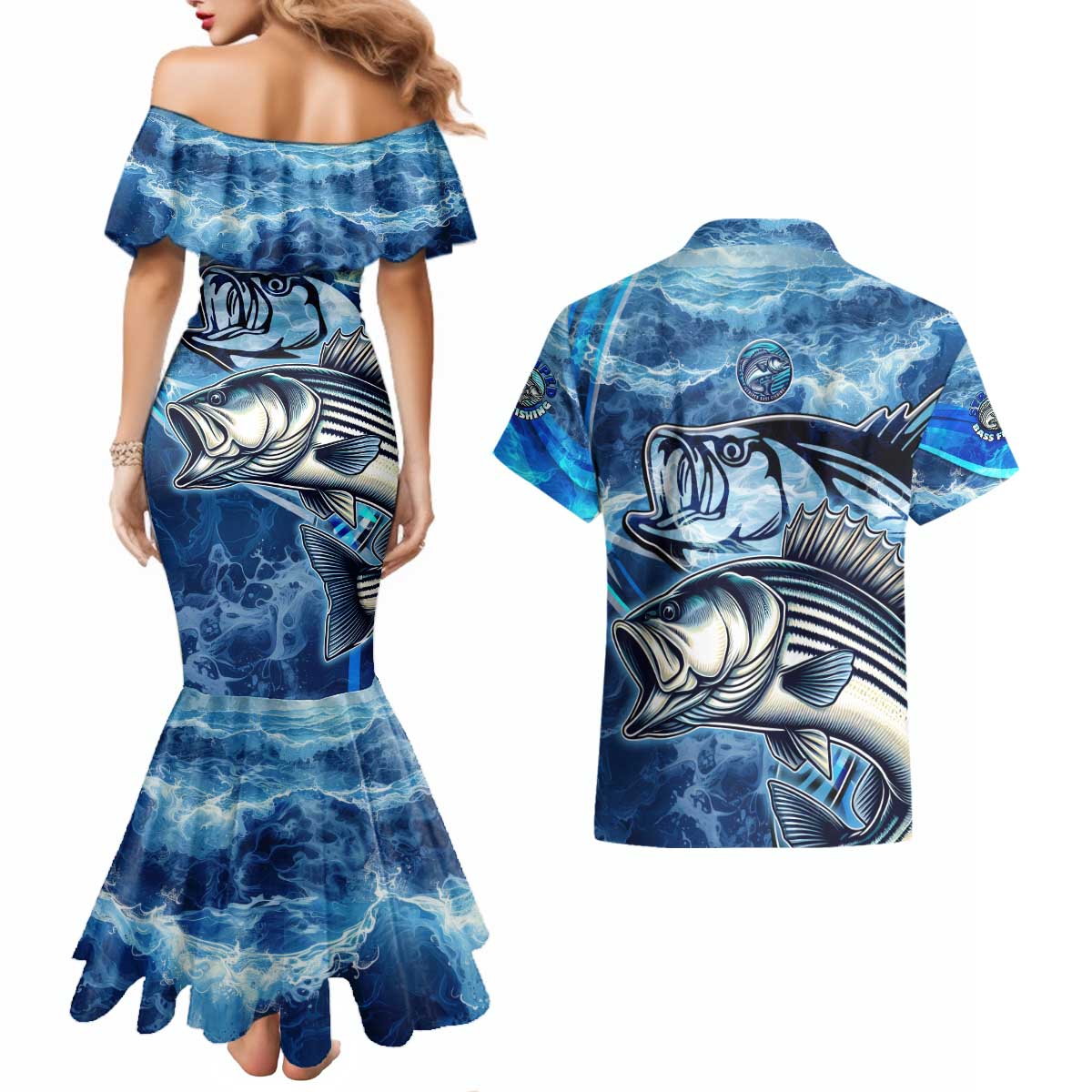 Striped Bass Fishing Couples Matching Mermaid Dress and Hawaiian Shirt Ocean Waves