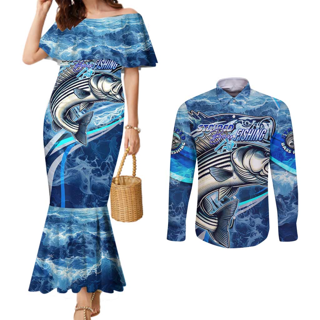 Striped Bass Fishing Couples Matching Mermaid Dress and Long Sleeve Button Shirt Ocean Waves