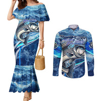 Striped Bass Fishing Couples Matching Mermaid Dress and Long Sleeve Button Shirt Ocean Waves